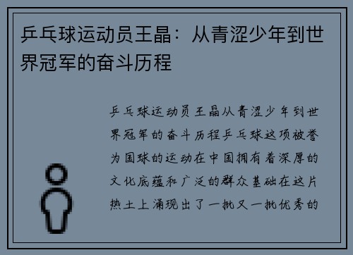 乒乓球运动员王晶：从青涩少年到世界冠军的奋斗历程